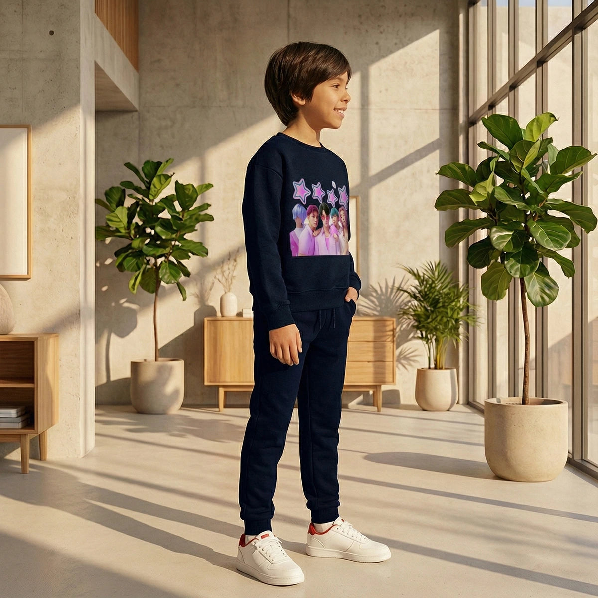 Boys Navy Blue K-Pop Star Graphics Sweatshirt With Jogger Co-ord Sets Sets