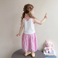 Girls Pink Dolphin Print Sleeveless Top With Checked Crop Pants Sets 2 pc. Sets