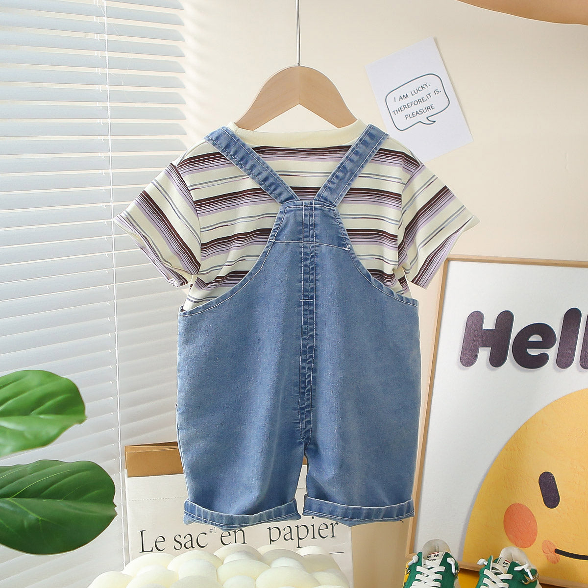 Boys Purple Striped Short Sleeves T-Shirt With Denim Dungaree Set 2 pc. Sets