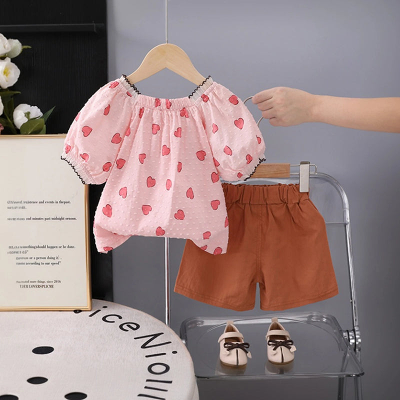 Girls Pink Heart Print Bow Applique Top With Shorts Set Sets