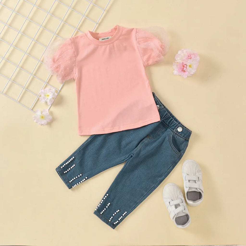 Girls Peach Puff Sleeves Top & Denim Pants With Pearl Embellishments Sets Sets Peach 1-2 Y