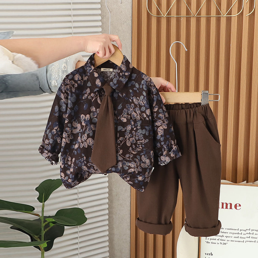 Boys Brown Long Sleeve Printed Shirt With Neck Tie And Pants Set 2 pc. Sets