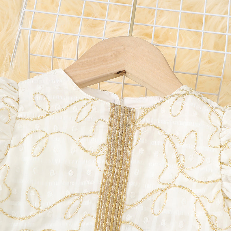 Girls White Puff Sleeve Embroidered Dress Casual Dresses