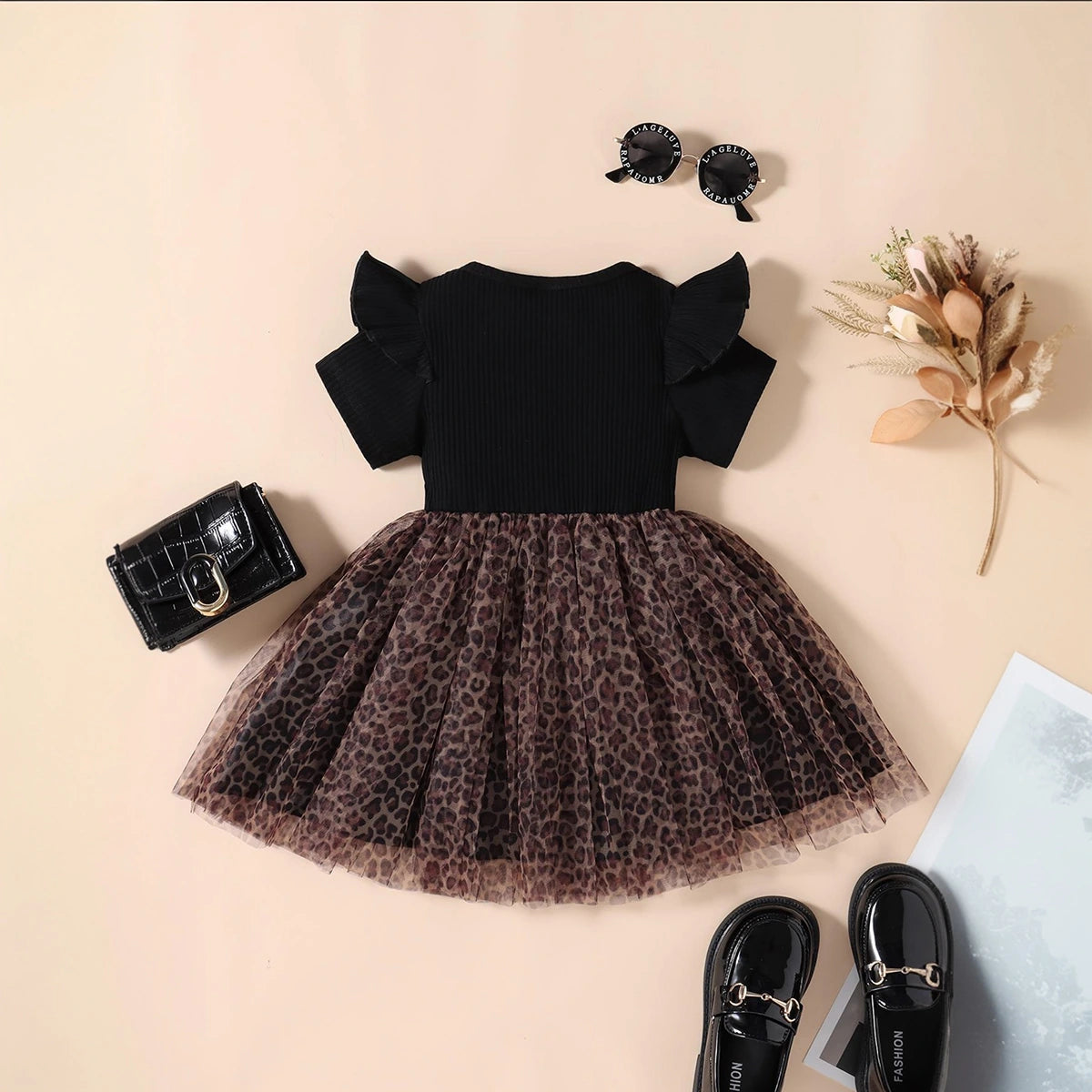 Girls Black Leopard Print Short Sleeve Fit & Flare Dress Casual Dresses