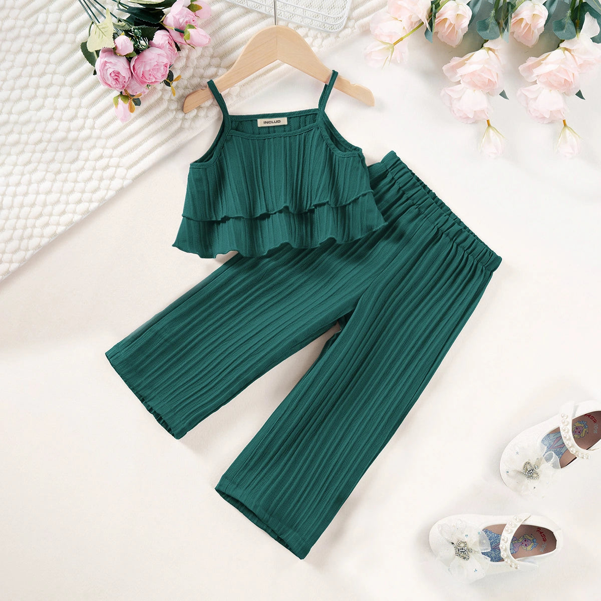 Girls Green Self Stripes Sleeveless Tiered Top With Pants Co-ord Sets Sets Green 1-2 Y