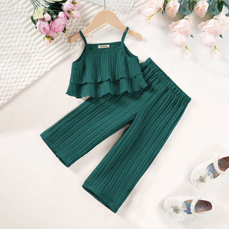 Girls Green Self Stripes Sleeveless Tiered Top With Pants Co-ord Sets Sets Green 1-2 Y