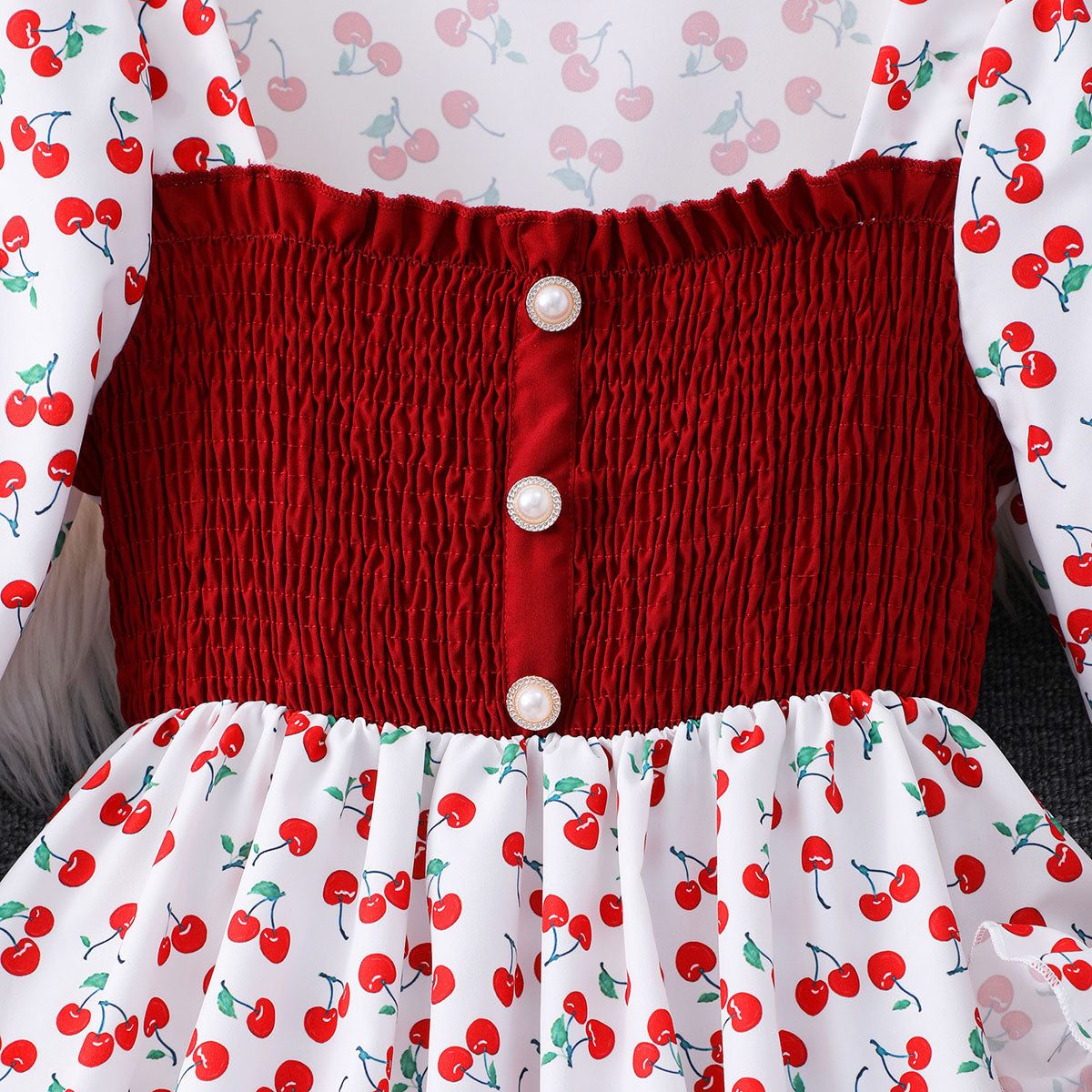 Girls White Cherry Printed Smocked Maxi Dress Casual Dresses