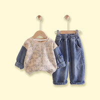 Boys Beige Typography Sweatshirt With Denim Pants Sets 2 pc. Sets Beige 1-2 Y