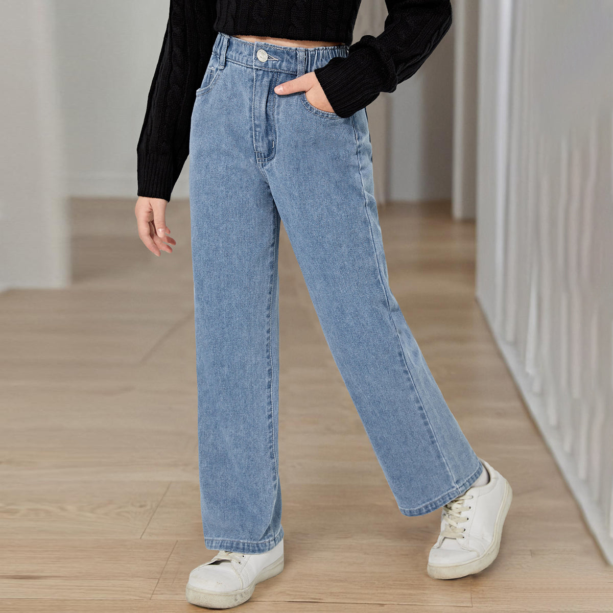 Girls Light Blue Straight Fitted Denim Pants Pants