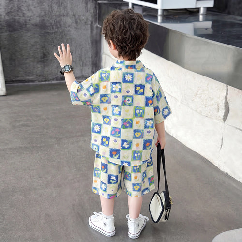 Boys Cream Floral Print Shirt Short Sleeve With Shorts Sets 2 pc. Sets