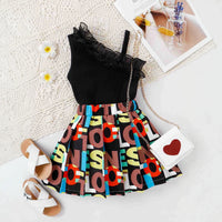 Girls Black Ruffle Neck One-Shoulder Top With Skirt Sets 2 pc. Sets