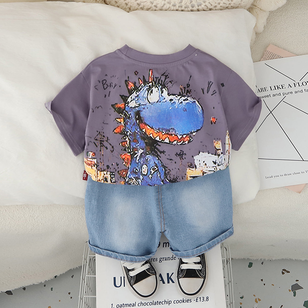 Boys Purple Dinosaur Graphic T-Shirt With Denim Shorts Set 2 pc. Sets