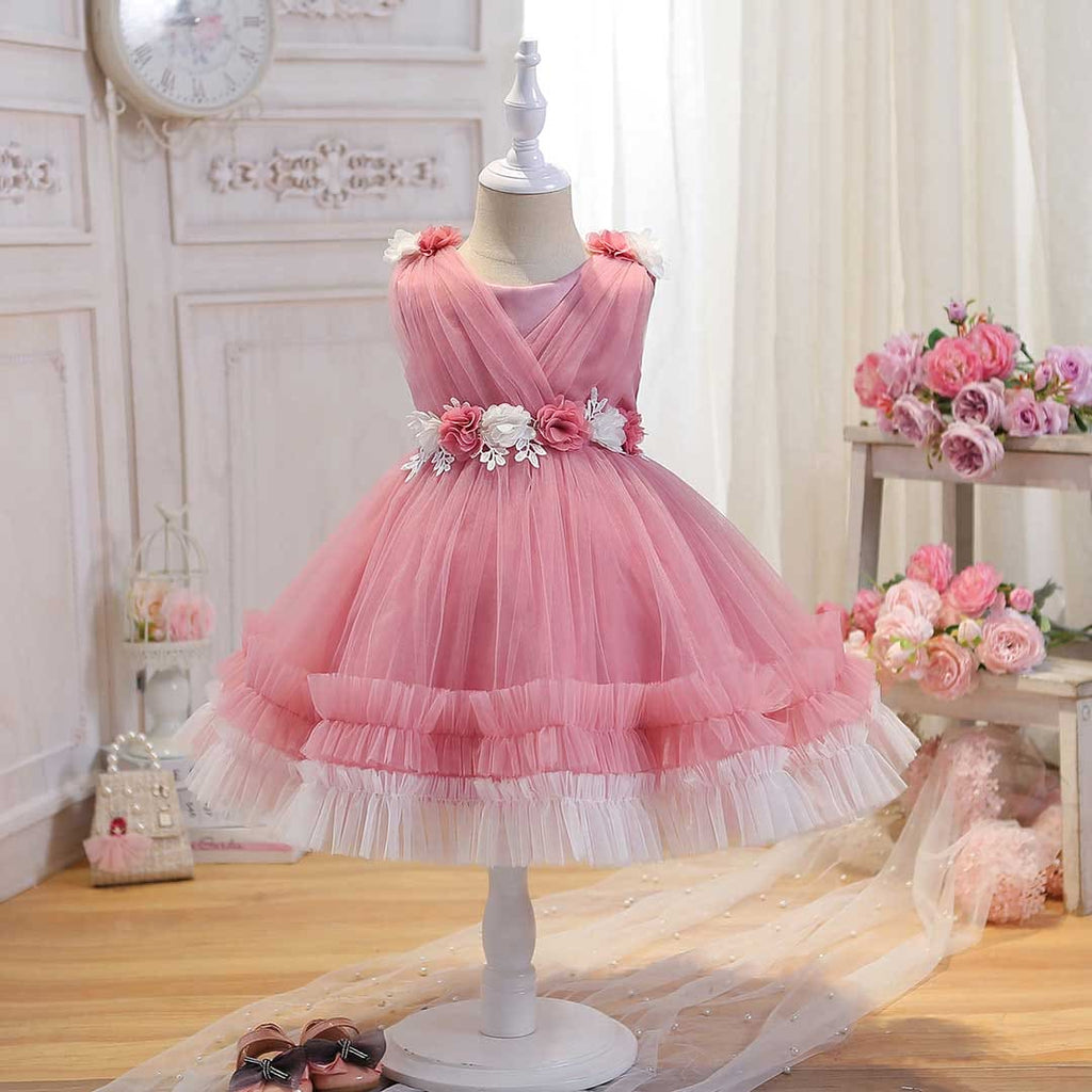 Girls Sleeveless Flower Applique Fit & Flare Dress Party Dresses Pink 1-2 Y 