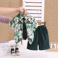 Boys Green Floral Printed Shirt With Neck Tie And Shorts Set Sets Green 1-2 Y