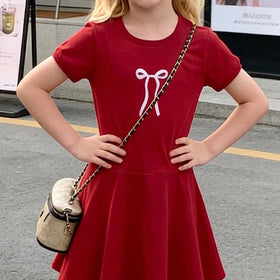 Girls Maroon Bow Graphic A-Line Dress With Short Sleeves Casual Dresses