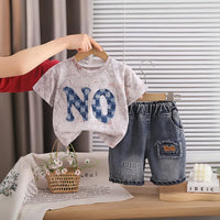 Boys Brown Typographic Print T-Shirt With Denim Shorts Sets Sets Brown 1-2 Y