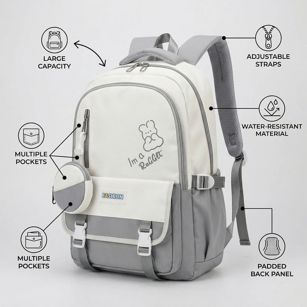 Kids Grey Rabbit Multi-Pocket School Backpack Trending Accessories