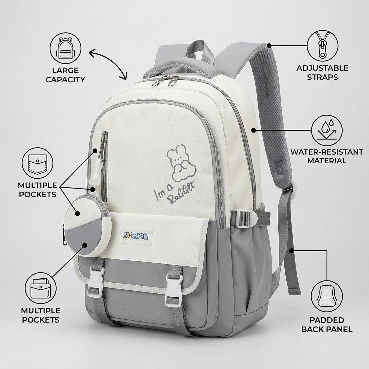 Kids Grey Rabbit Multi-Pocket School Backpack Trending Accessories