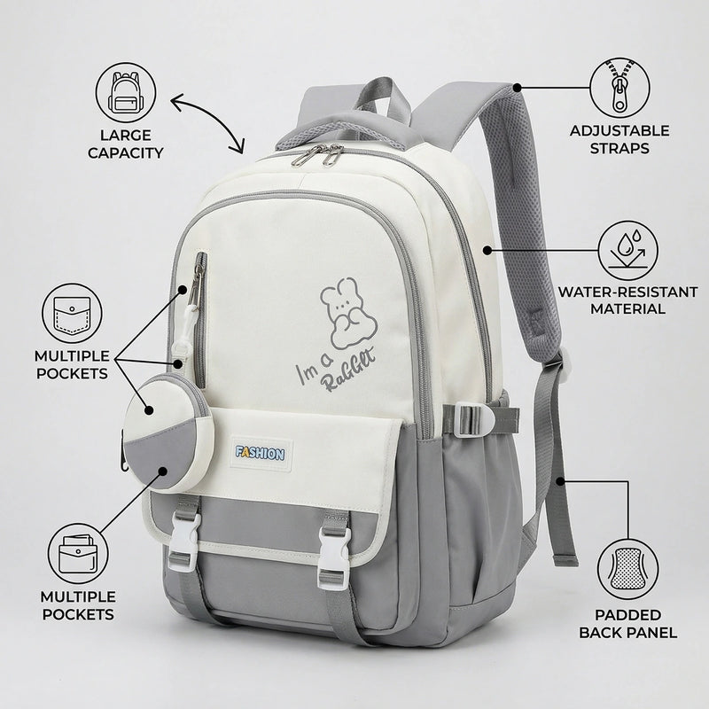 Kids Grey Rabbit Multi-Pocket School Backpack Trending Accessories