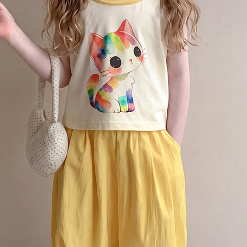 Girls Yellow Cat Graphic Sleeveless Top With Elasticated Pants Sets 2 pc. Sets