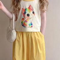 Girls Yellow Cat Graphic Sleeveless Top With Elasticated Pants Sets 2 pc. Sets