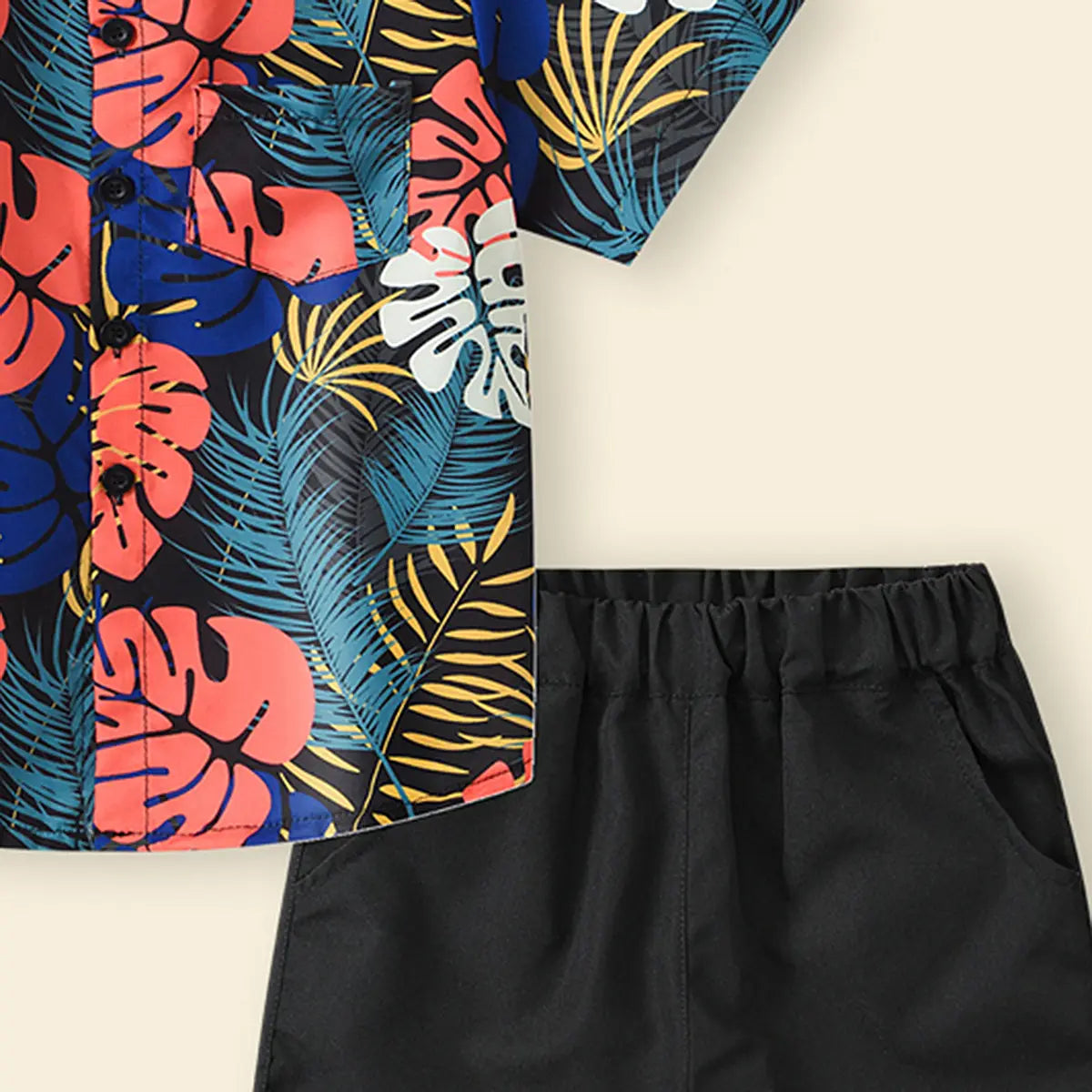 Boys Black Tropical Print Short Sleeves Shirt With Shorts Set Sets