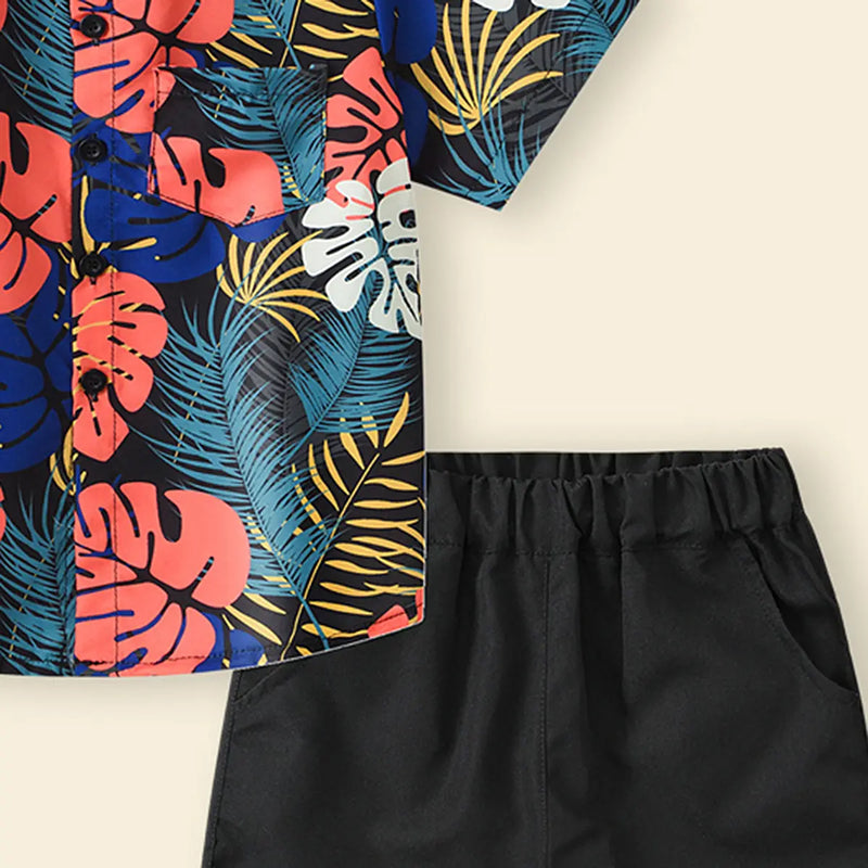 Boys Black Tropical Print Short Sleeves Shirt With Shorts Set Sets