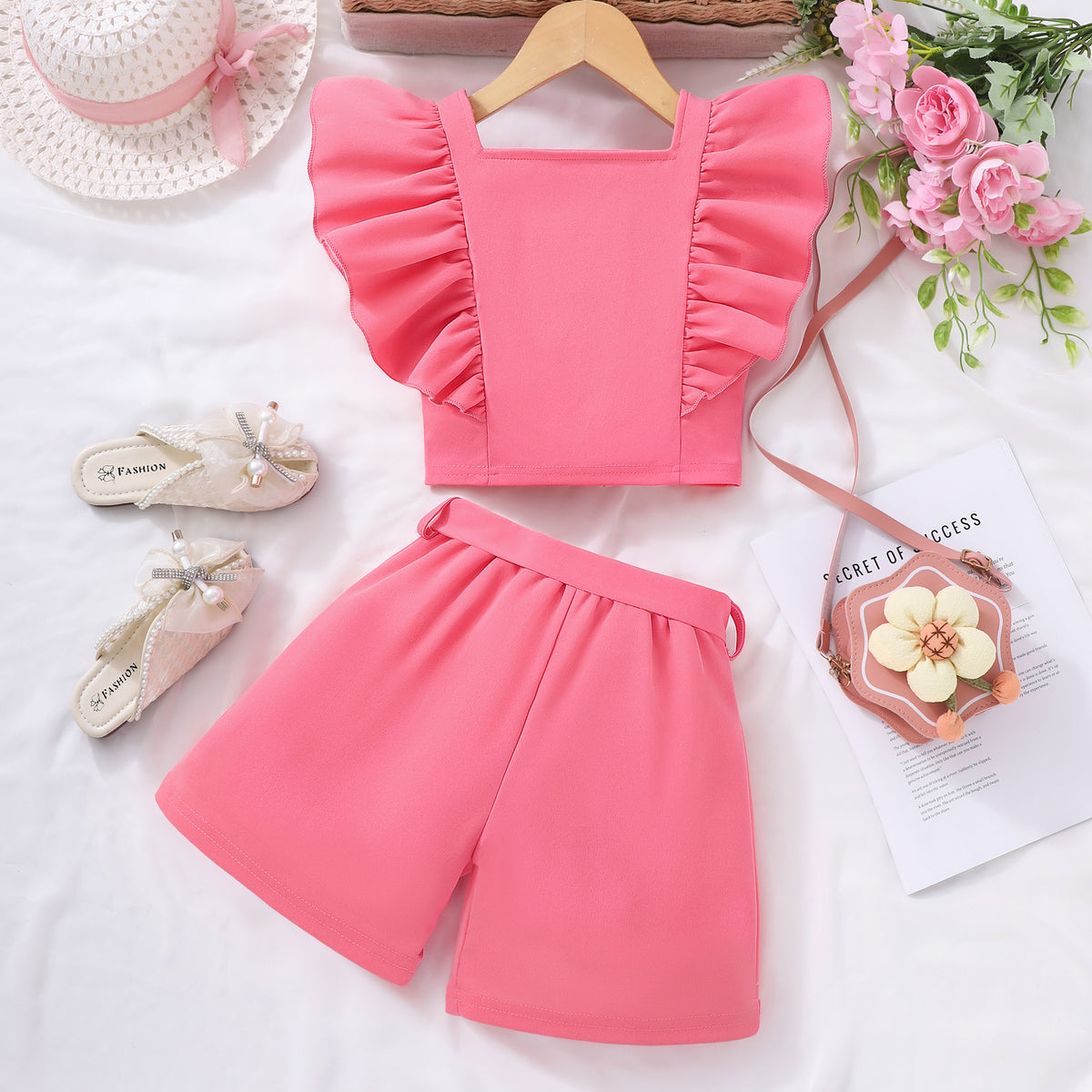 Girls Peach Short Sleeve Square Neck Top With Shorts Set 2 pc. Sets