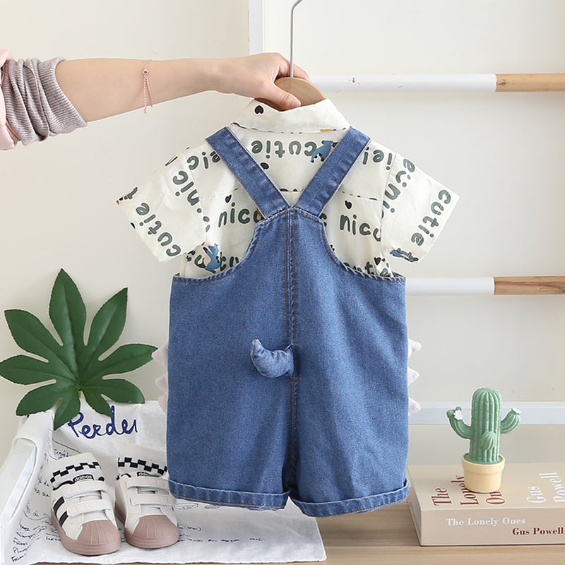 Boys Green Typographic Printed Short Sleeves Shirt With Denim Dungaree Set 2 pc. Sets
