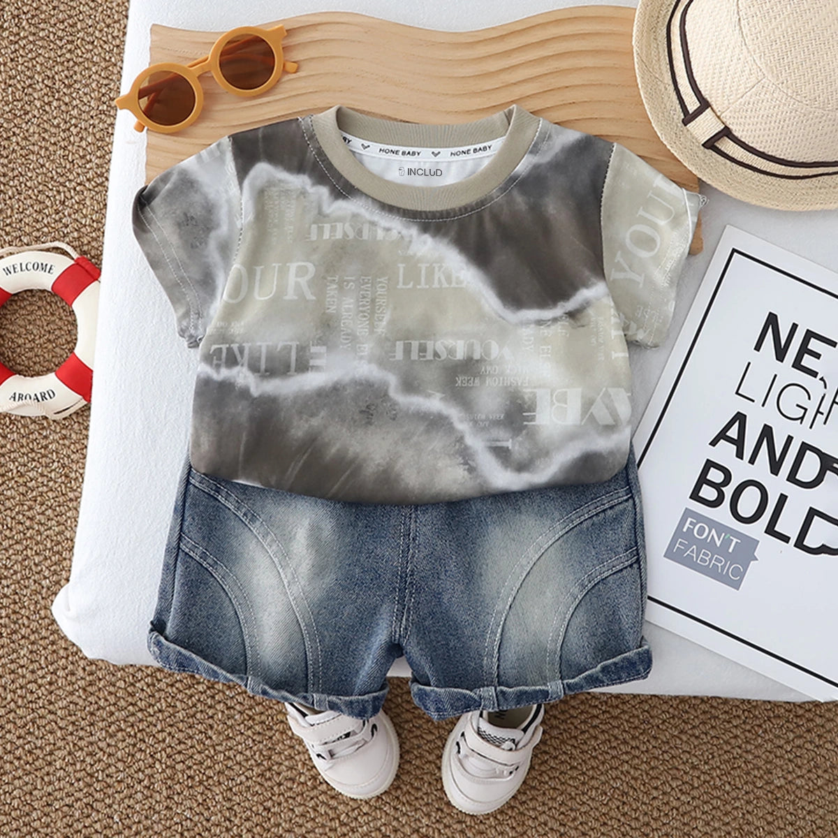 Boys Brown Tie-Dye Printed T-Shirt With Denim Shorts Set Sets Brown 1-2 Y