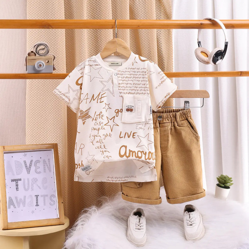 Boys Khaki Typographic Short Sleeve T-Shirt With Elasticated Shorts Sets 2 pc. Sets Khaki 1-2 Y