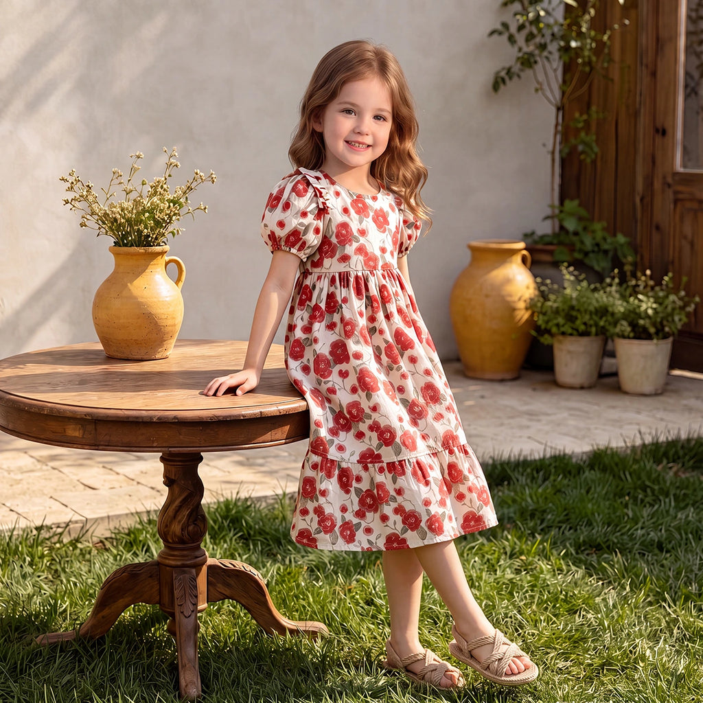 Girls Red Floral Print Puff Sleeve Dress Casual Dresses