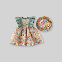 Girls Floral Print Casual Ruffle Dress with Hat Casual Dresses Green 1-2 Y 