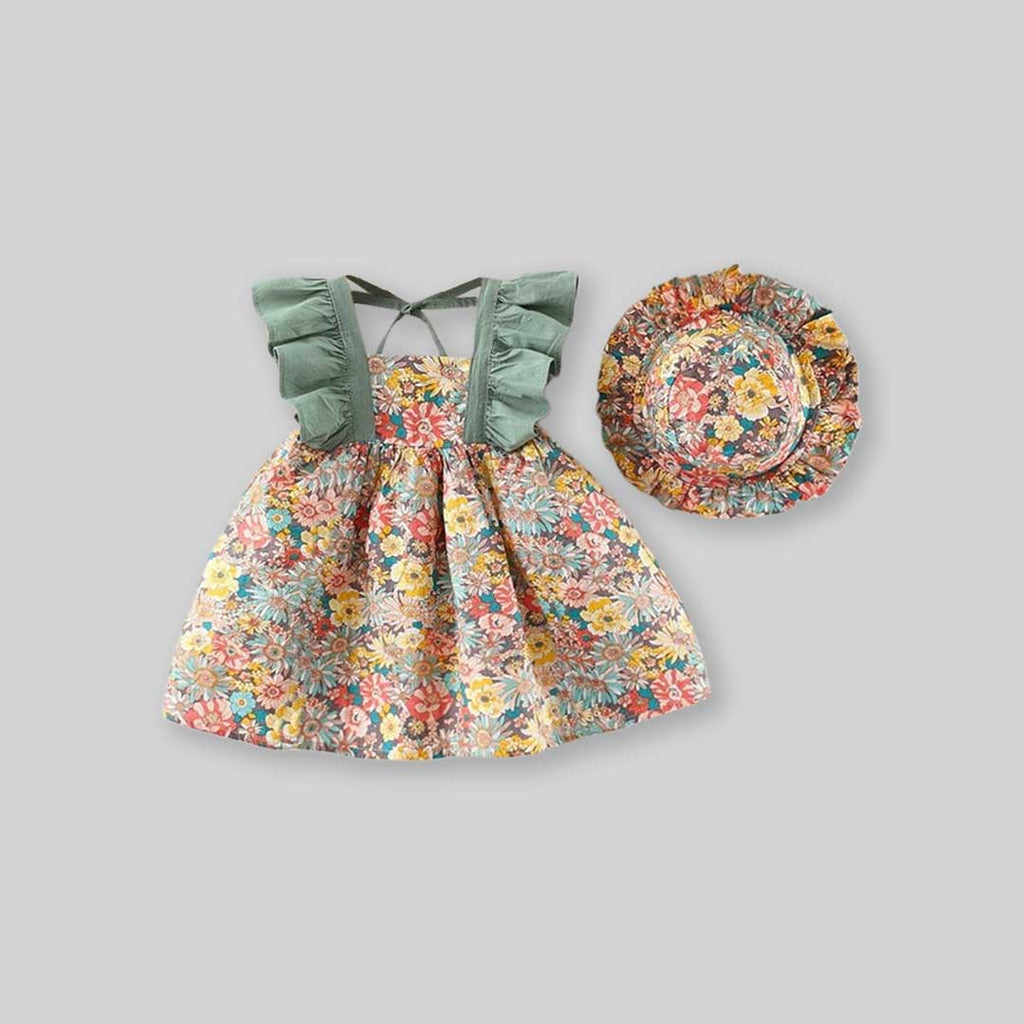 Girls Floral Print Casual Ruffle Dress with Hat