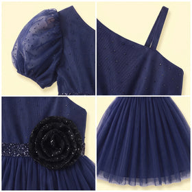 Girls Navy Blue One -Shoulder Fit & Flare Party Dress Party Dresses