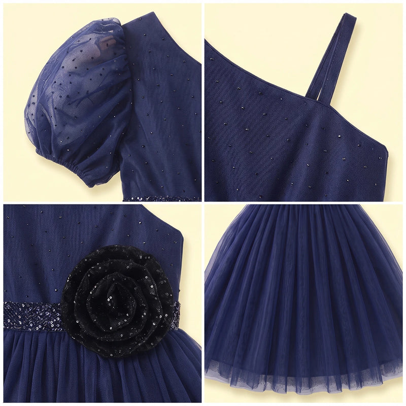 Girls Navy Blue One -Shoulder Fit & Flare Party Dress Party Dresses