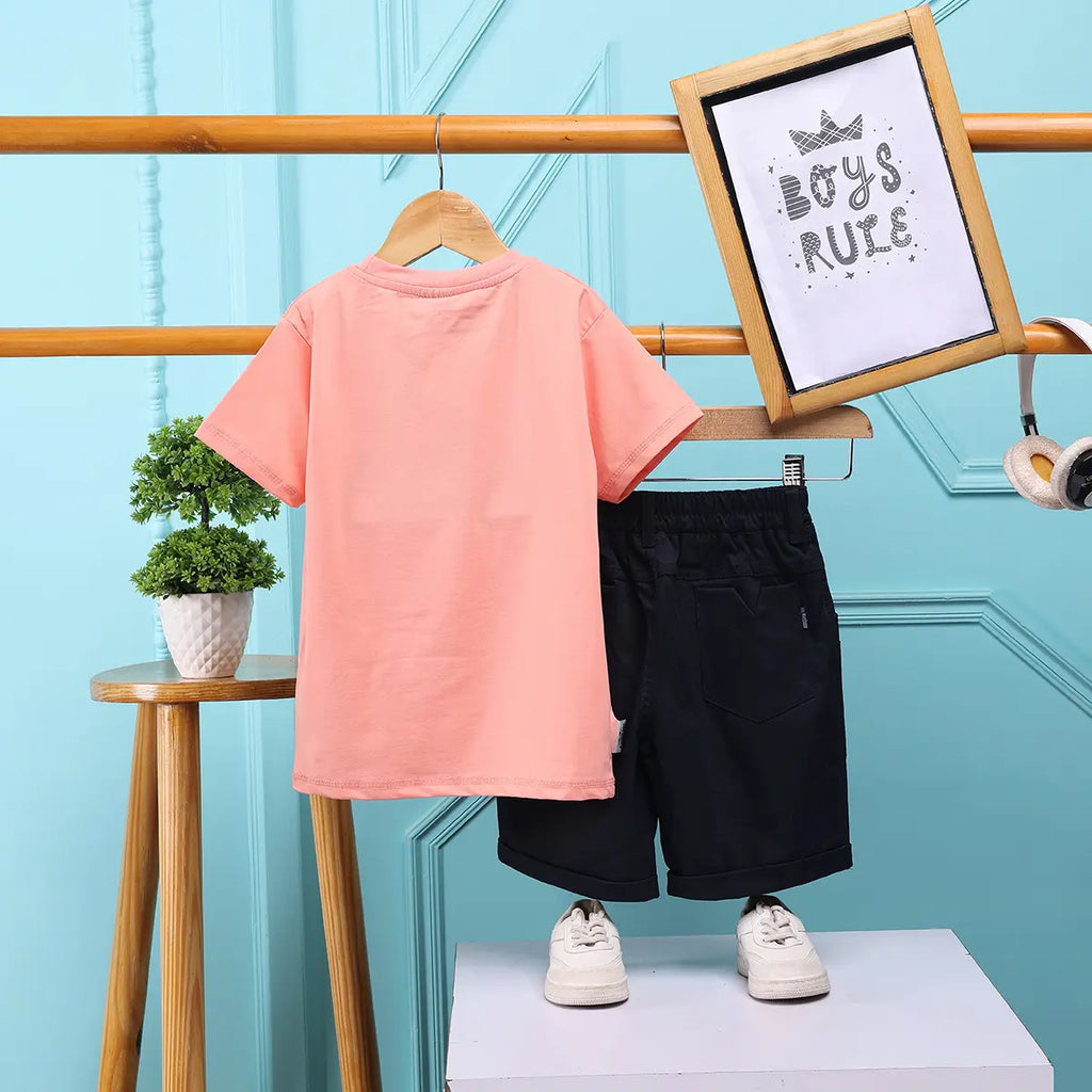Boys Peach Typographic Printed Short Sleeve T-Shirt With Elasticated Shorts Sets 2 pc. Sets