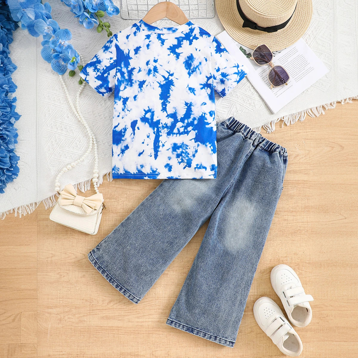 Girls Blue Tie-Dye Heart Print T-Shirt & Denim Pants Set Sets