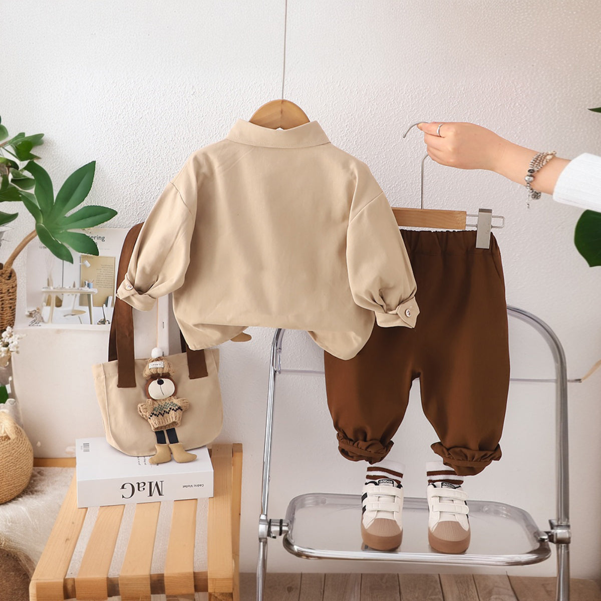 Boys Beige Typographic Printed Shirt With Bag and Pants Set Sets
