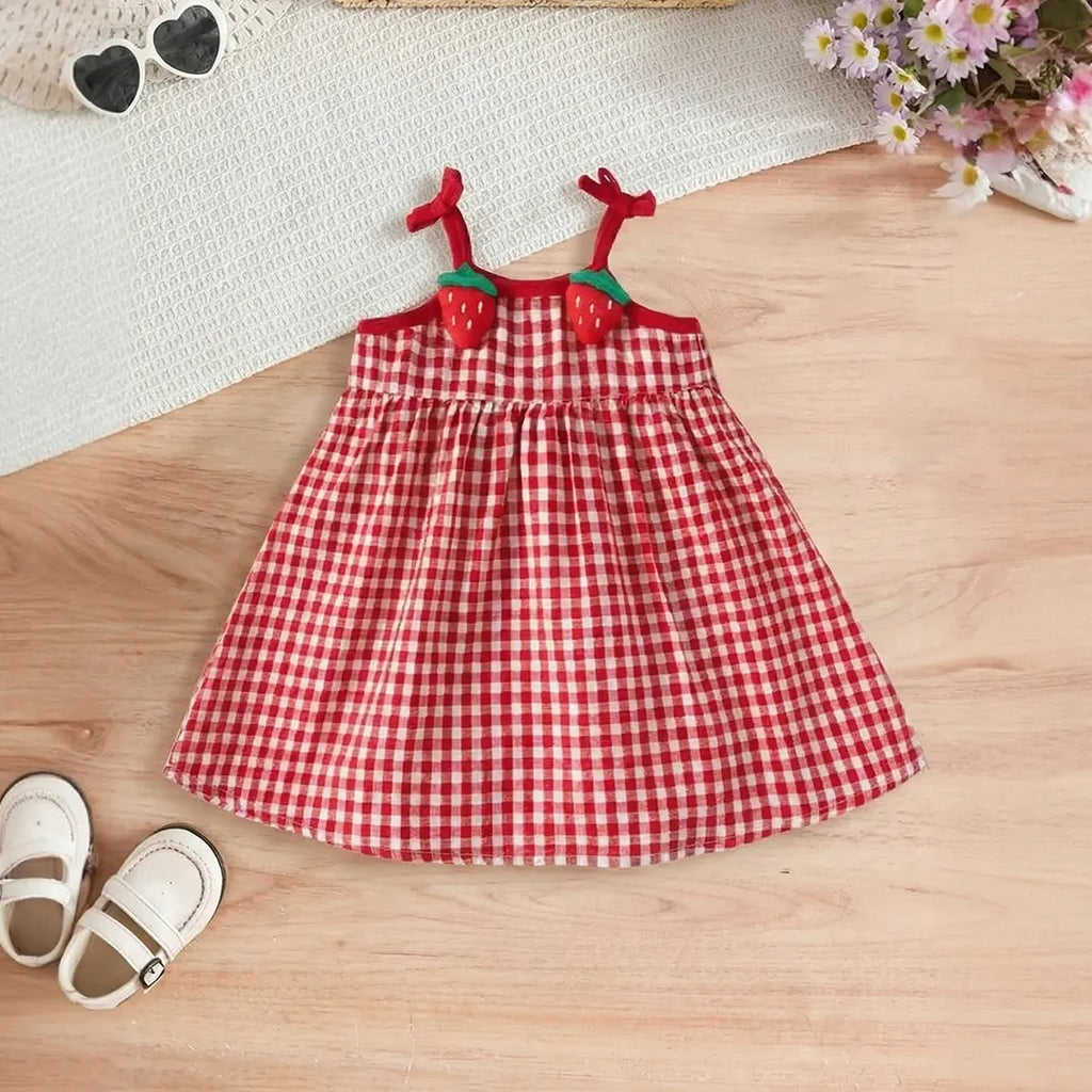 Girls Red Checked Sleeveless A-line Dress With Strawberry Appliques Casual Dresses Red 1-2 Y