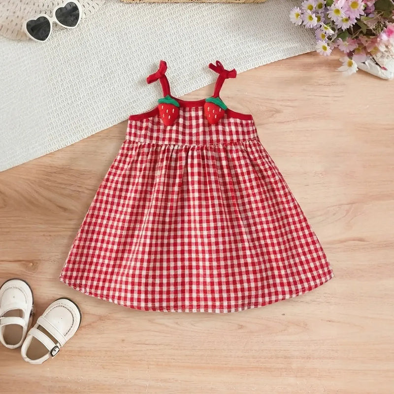 Girls Red Checked Sleeveless A-line Dress With Strawberry Appliques Casual Dresses Red 1-2 Y