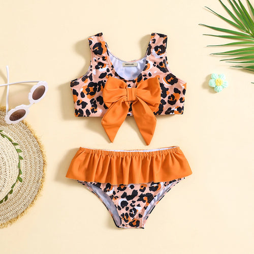 Girls Orange Leopard Print Sleeveless Top With Briefs Swimwear Sets Sets Orange 1-2 Y