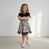 Girls Black Leopard Print Flutter Sleeve Fit & Flare Dress Casual Dresses