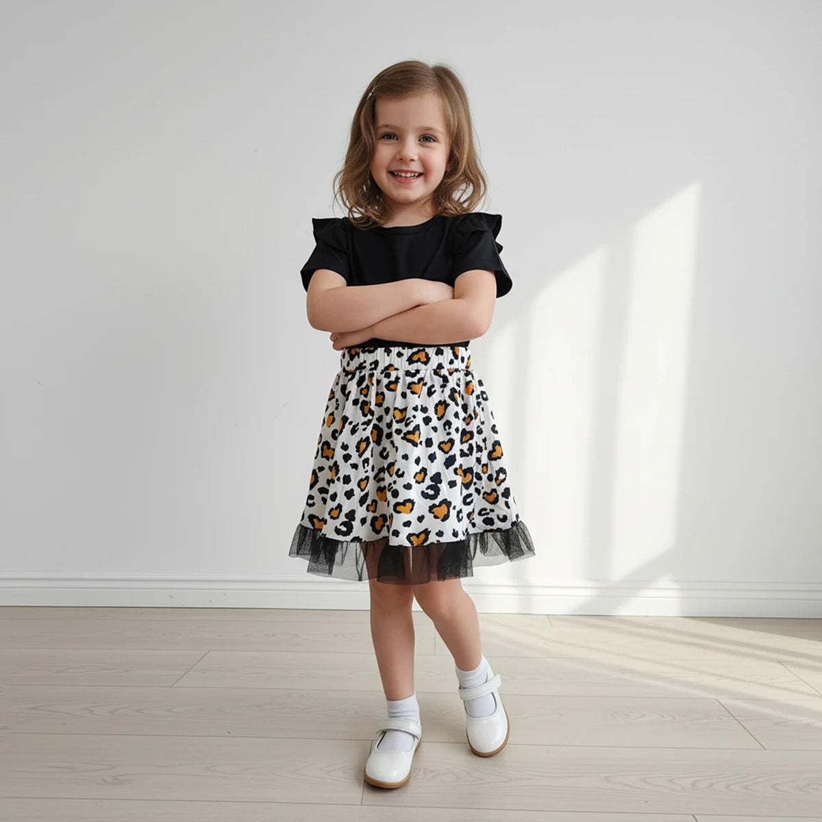 Girls Black Leopard Print Flutter Sleeve Fit & Flare Dress Casual Dresses