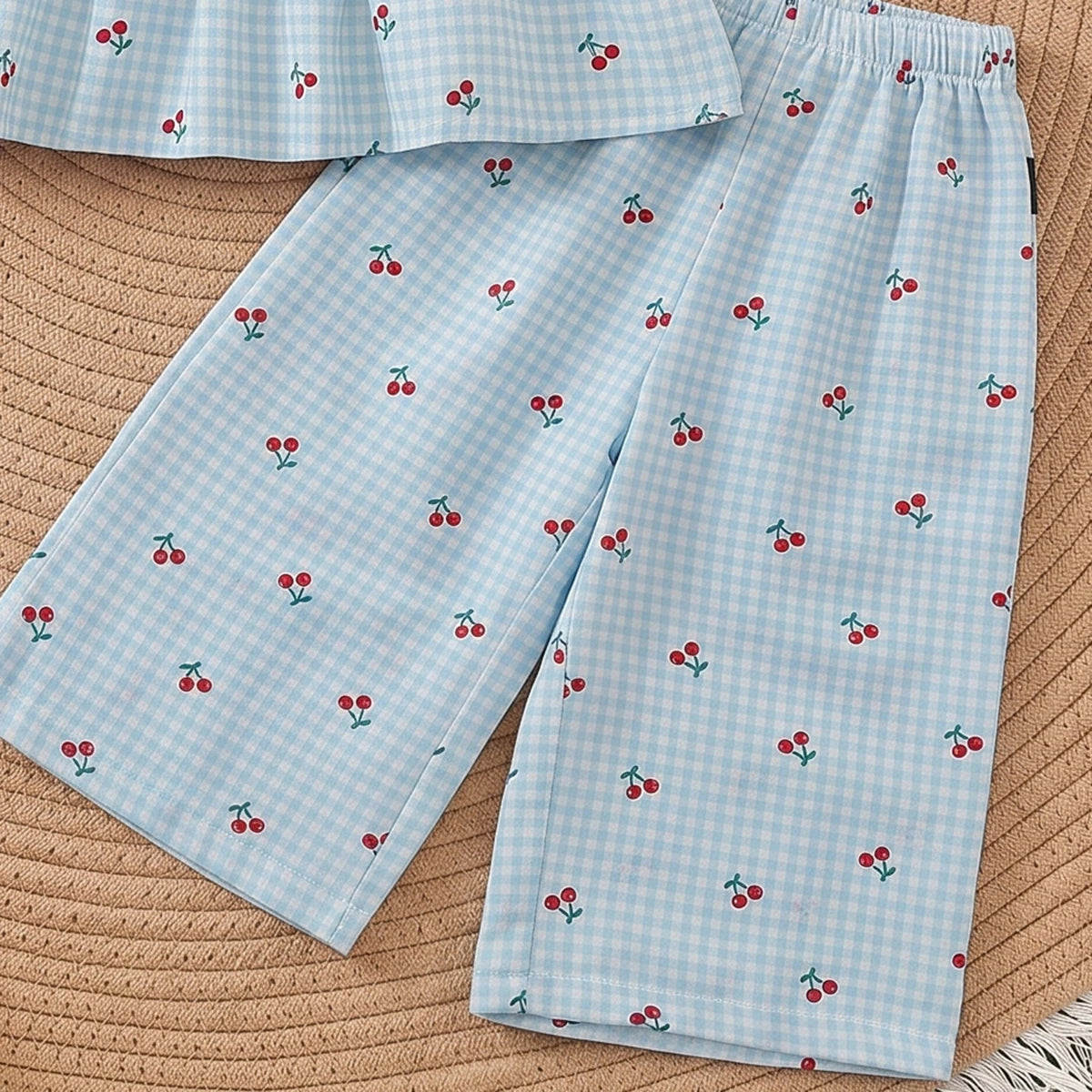 Girls Blue Sleeveless Cherry Print Peplum Top With Pants Sets 2 pc. Sets