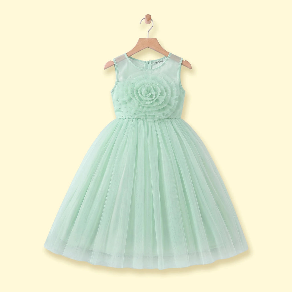 Girls Light Green Floral Applique Fit & Flare Party Dress Party Dresses Light Green 1-2 Y