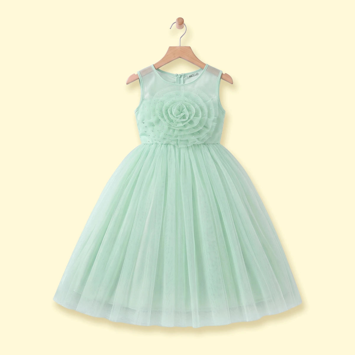 Girls Light Green Floral Applique Fit & Flare Party Dress Party Dresses Light Green 1-2 Y