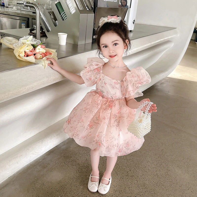 Girls Pink Floral Print Puff Sleeves Fit & Flare Party Wear Dress Party Dresses