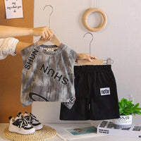 Boys Grey Typographic Printed Sleeveless T-Shirt With Shorts Sets Sets Grey 1-2 Y