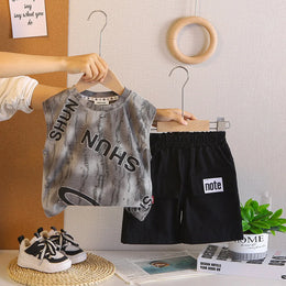 Boys Grey Typographic Printed Sleeveless T-Shirt With Shorts Sets Sets Grey 1-2 Y